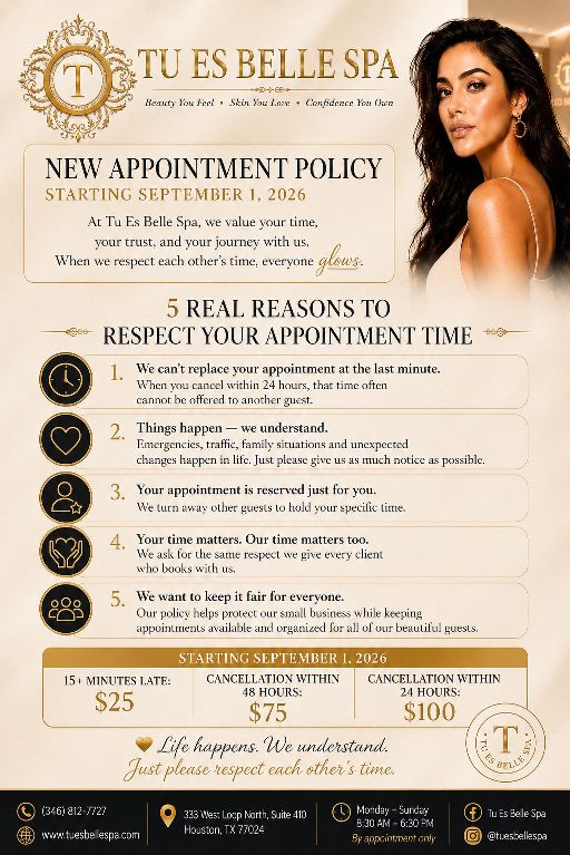 Politica de citas de Tu Es Belle Spa, vigente desde el 1 de septiembre de 2026