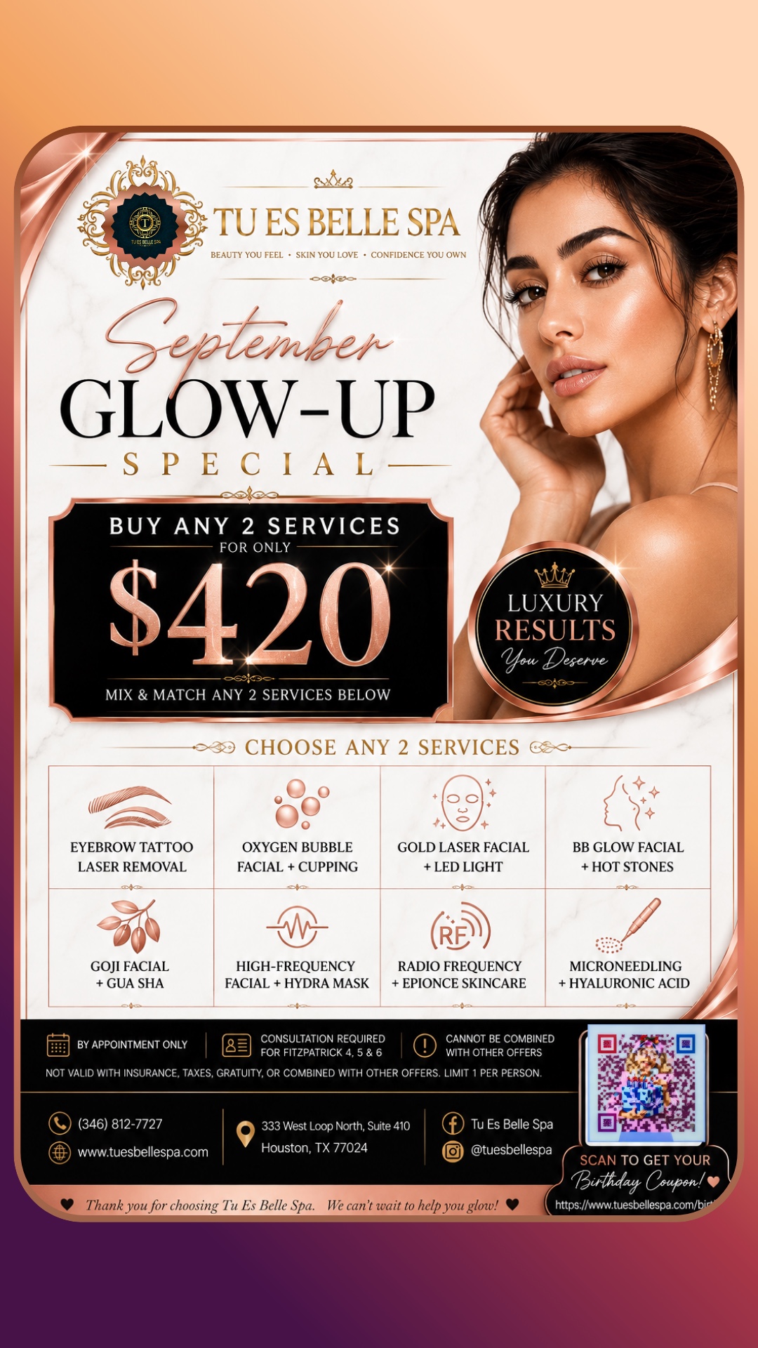 Tu Es Belle Spa Paquete Glow-Up de Septiembre $420 con ocho opciones de tratamiento en Houston TX